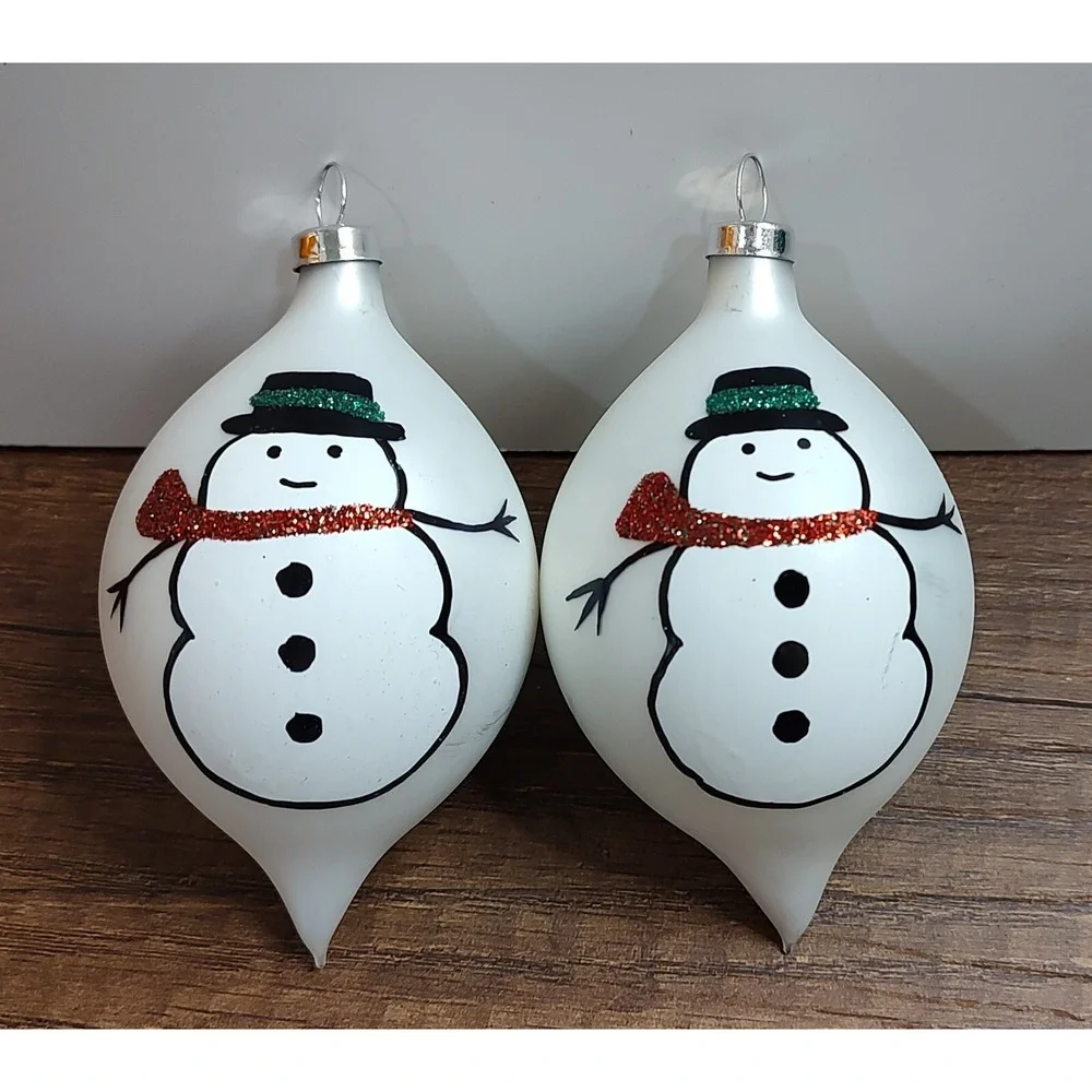 Snowman Christmas Ornament Set Of 2 Hand Painted Vintage Glass Teardrop B3